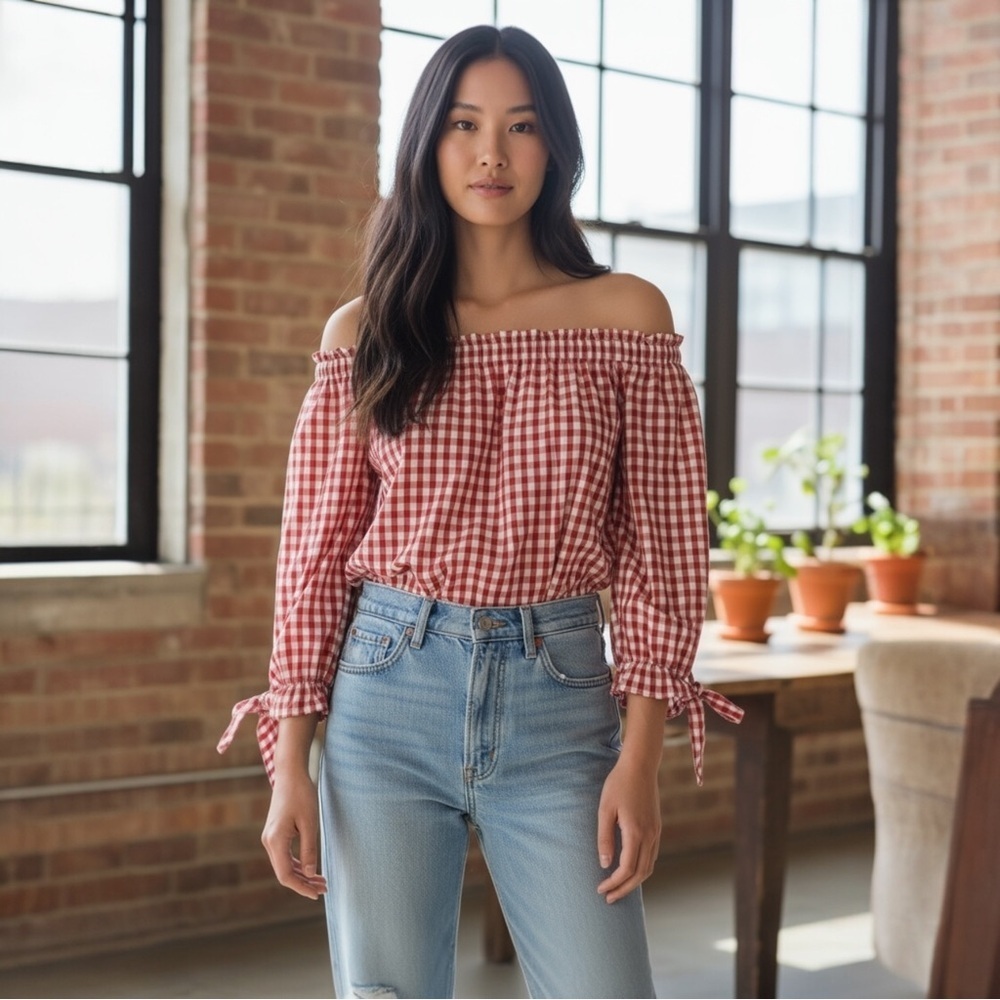Comfy USA Red White Gingham OVERSIZED Off Shoulder Tunic Blouse SZ M